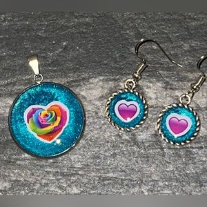 Lisa Frank Inspired Necklace Pendant And Earrings Teal Hearts Set Handmade New